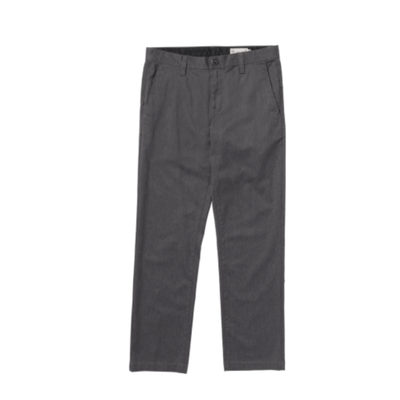 A pair of dark gray volcom frickin stretch chino pants shown flat against a solid white background.