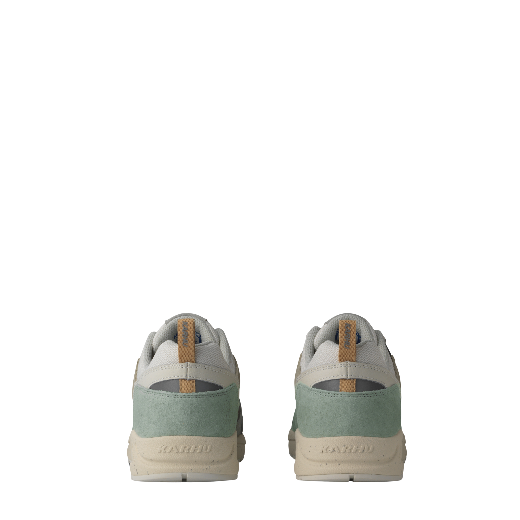 Karhu fusion 2.0 sneakers in a muted sage green, beige, and dark gray colorway, shown from a three-quarters angle against a plain white background.
