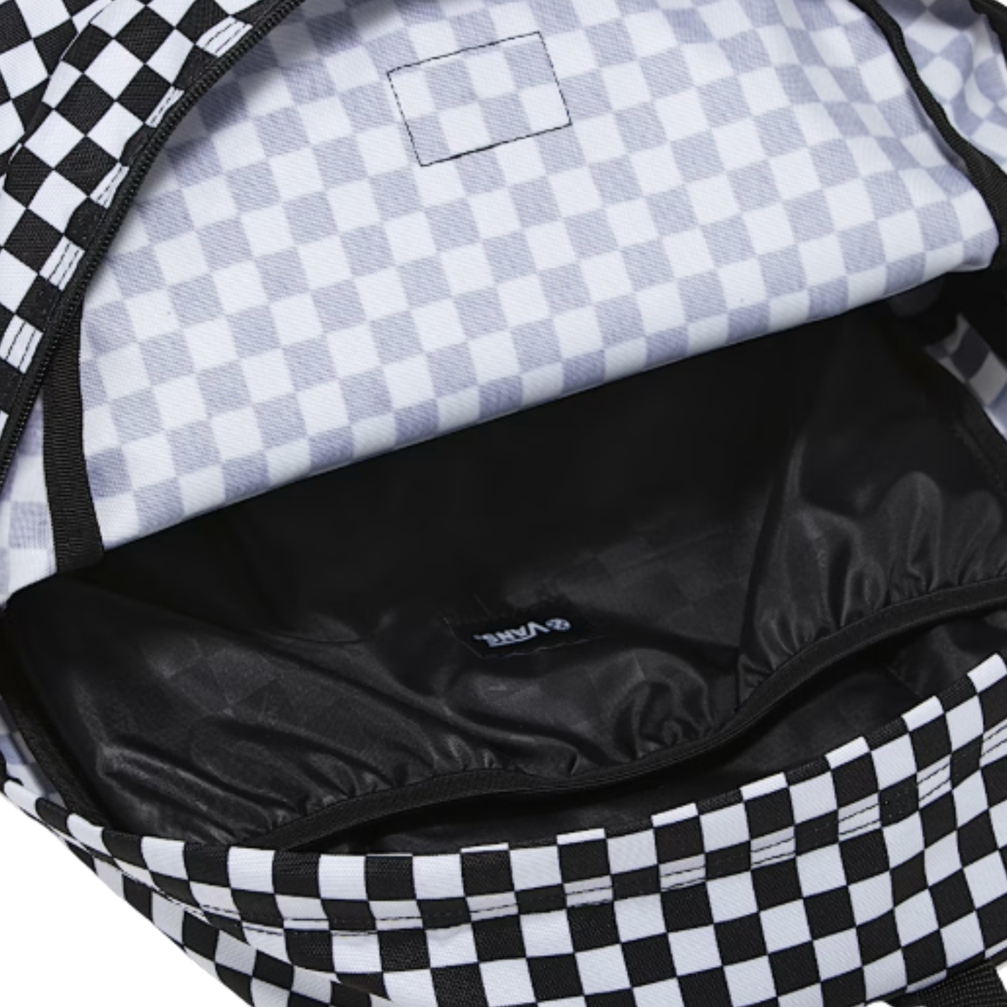 Black and white checkered backpack with Vans logo on a white background