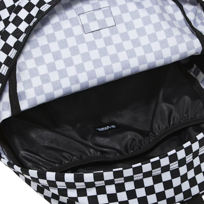 Black and white checkered backpack with Vans logo on a white background