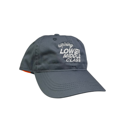 DENIM BLUE cap with white text reading aspiring lower middle class on a white background