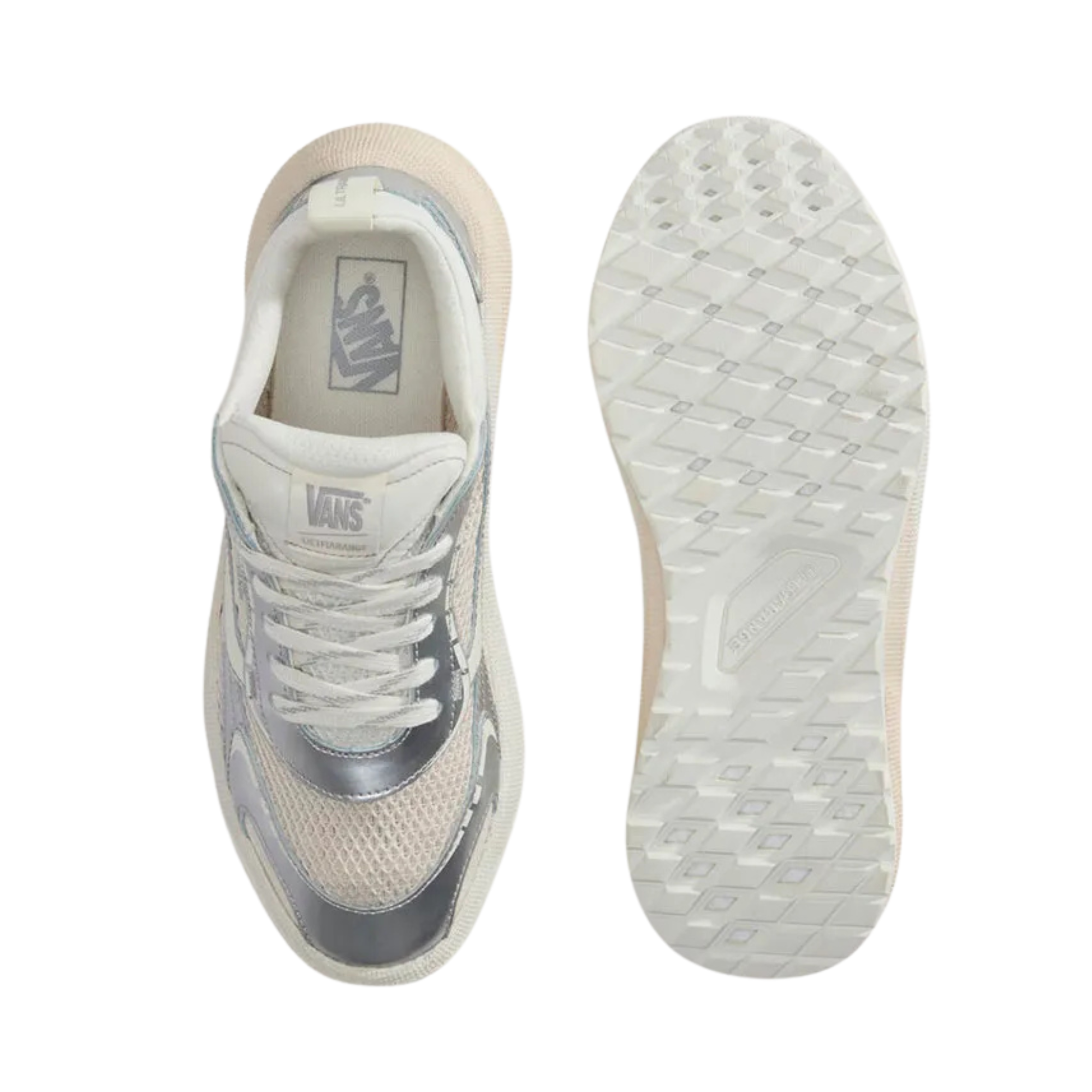 A pair of low-top vans ultrarange neo 2.0 sneaker shown in profile against a solid white background. The shoe features a cream-colored knit upper with metallic silver overlays, a chunky cream midsole, and white laces.