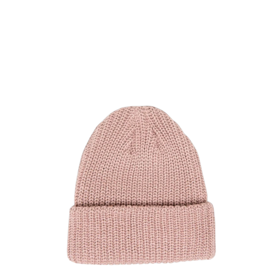 pink ribbed herschel beanie on a white background