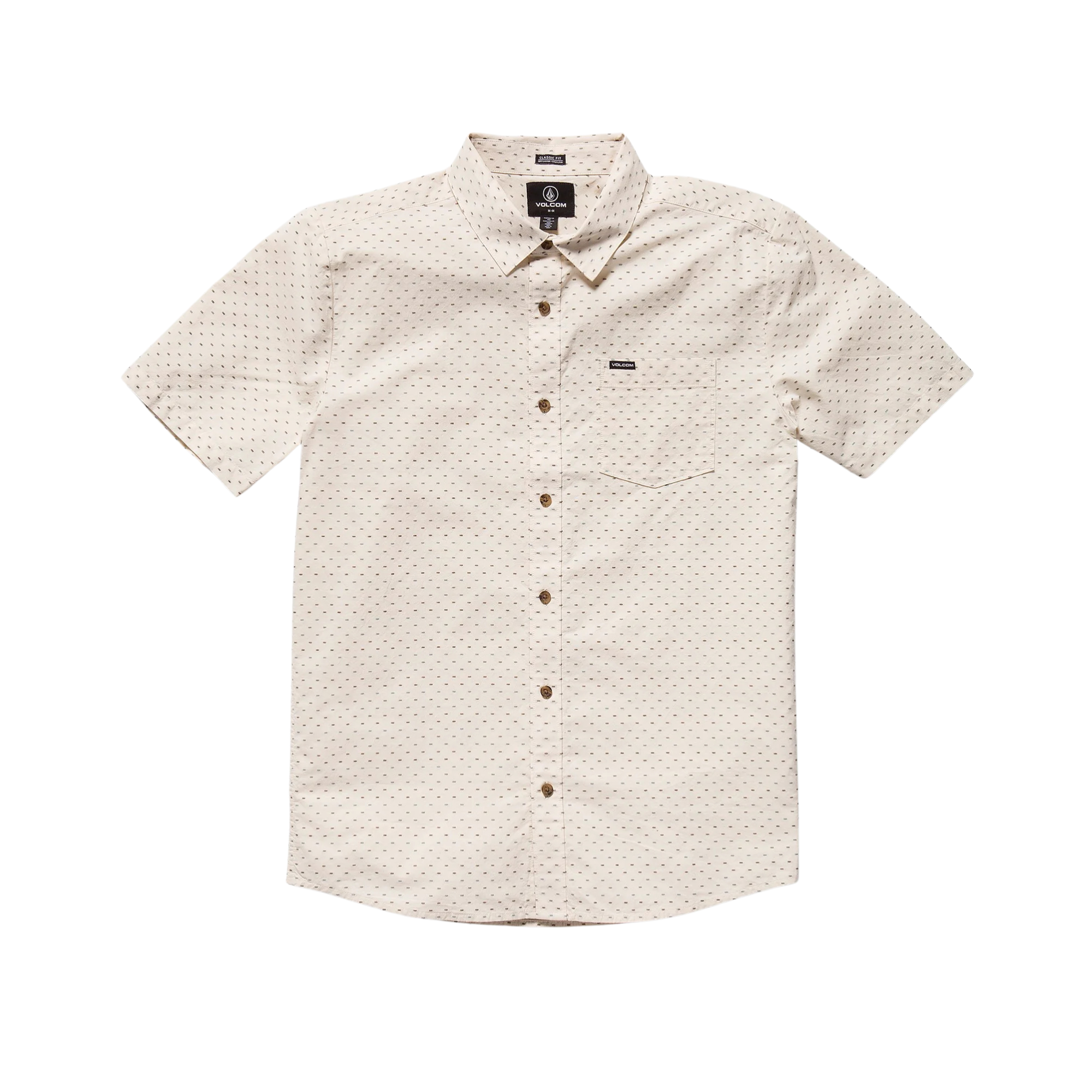 Man wearing a beige patterned volcom bankstone ii shirt on a white background