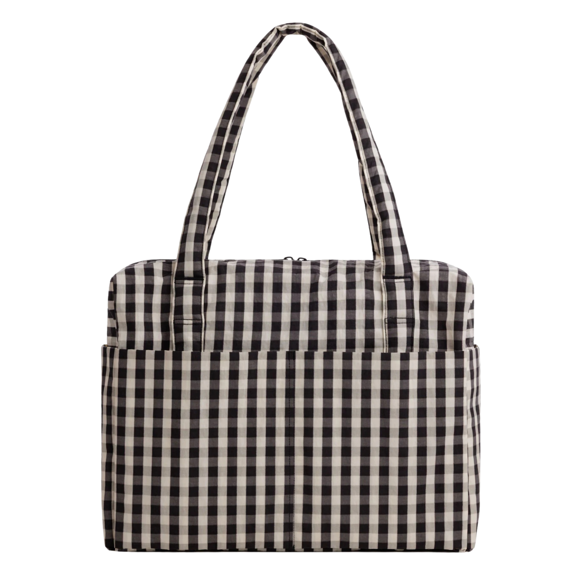 A black and white gingham checkered baggu cloud carry on tote bag with two shoulder straps, shown against a plain white background.