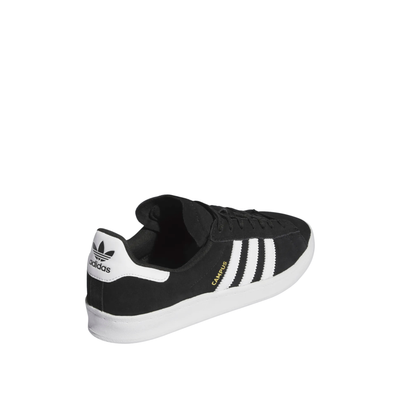 black and white adidas campus adv skateboard shoees on a white background