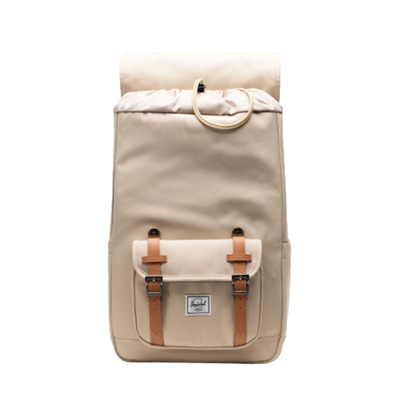 Beige herschel supply little america mid volume backpack with brown straps on a white background