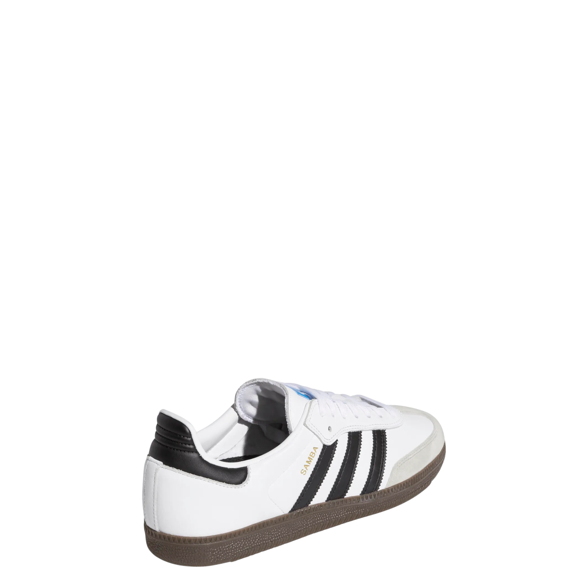 White Adidas samba skateboarding adv sneaker with black stripes and gum sole on a white background