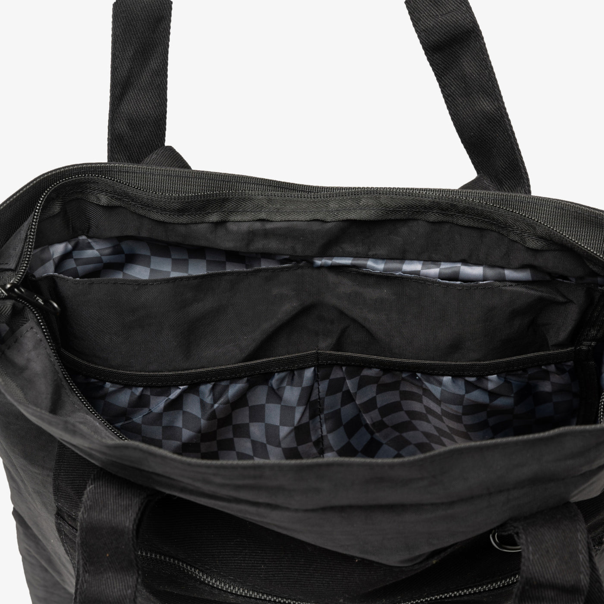 Black thread scout tote bag with a zipper pocket on a white background