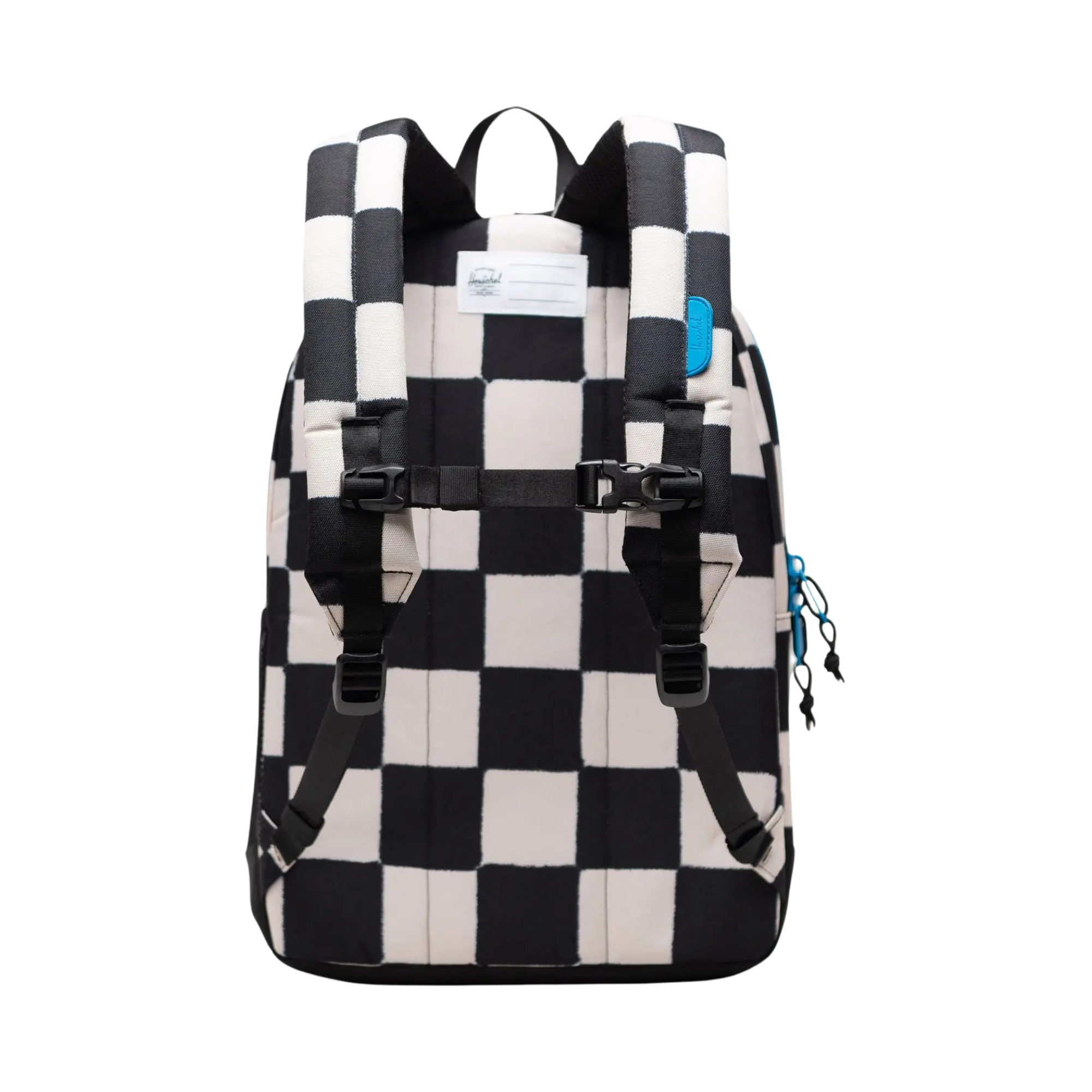black and white checkerboard herschel youth backpack with blue accents on a white background