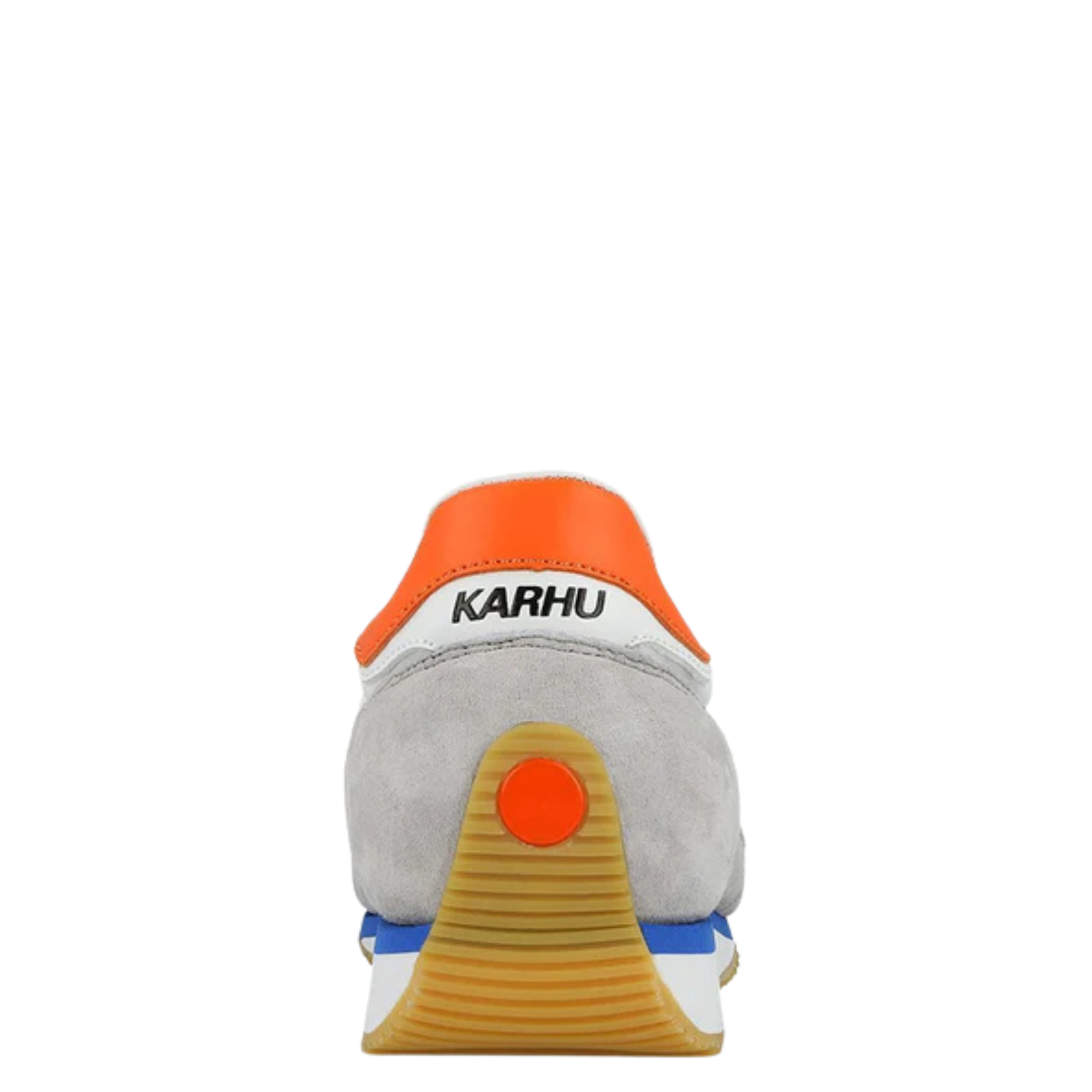 White karhu mestari 76 sneaker with orange 'M' logo on a white background