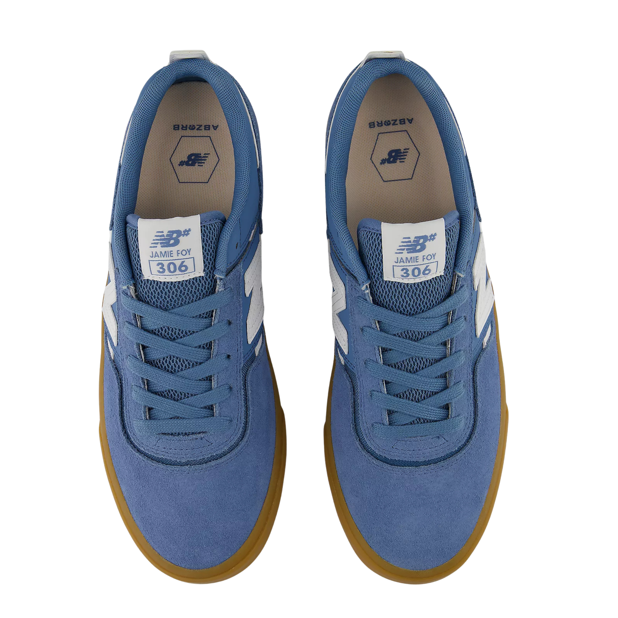 blue men's new balance numeric jamie foy 306 skate shoe with grey details and gum sole on a white background