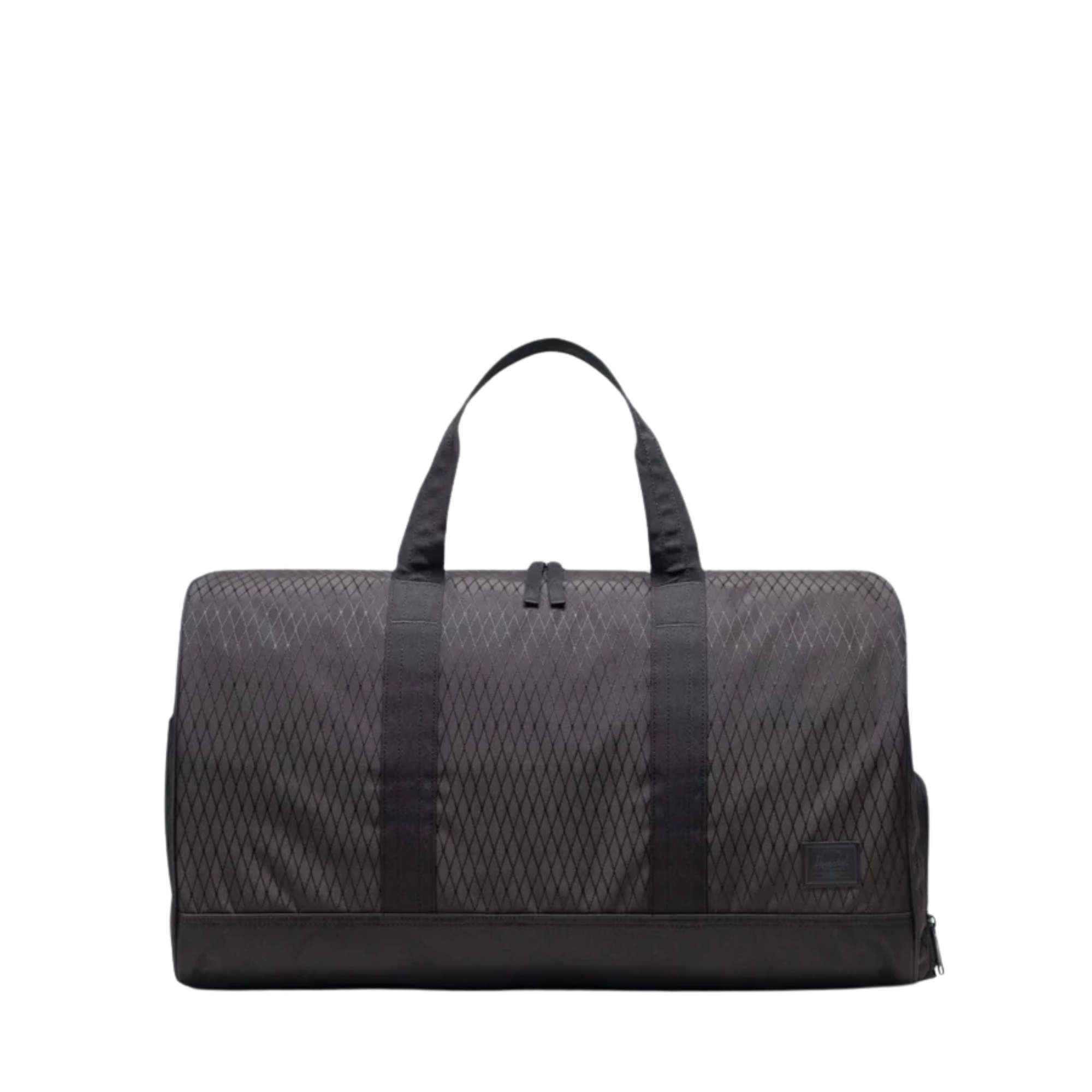 black herschel novel duffle bag with a diamond pattern on a white background
