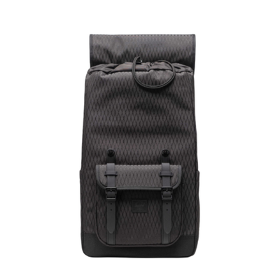 Black herschel supply co little america backpack with patterned design on a white background
