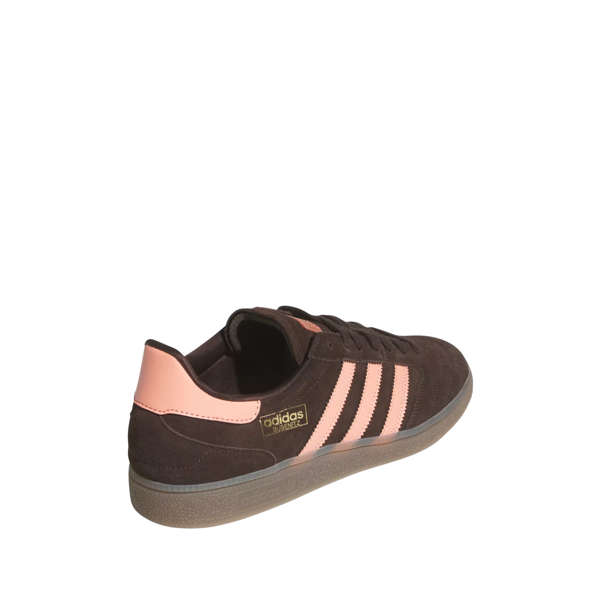 Brown Adidas busentiz adv skate sneaker with pink accents on a white background