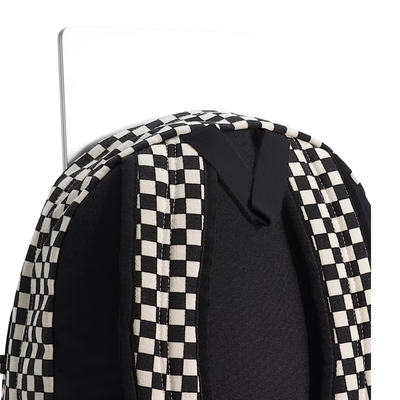 Black and white vans checkered new skool backpack on a white background