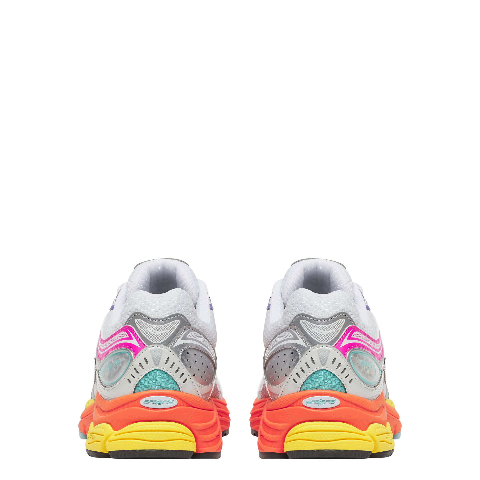 Colorful SAUCONY progrid omni 9 running shoe with a brand logo on a white background