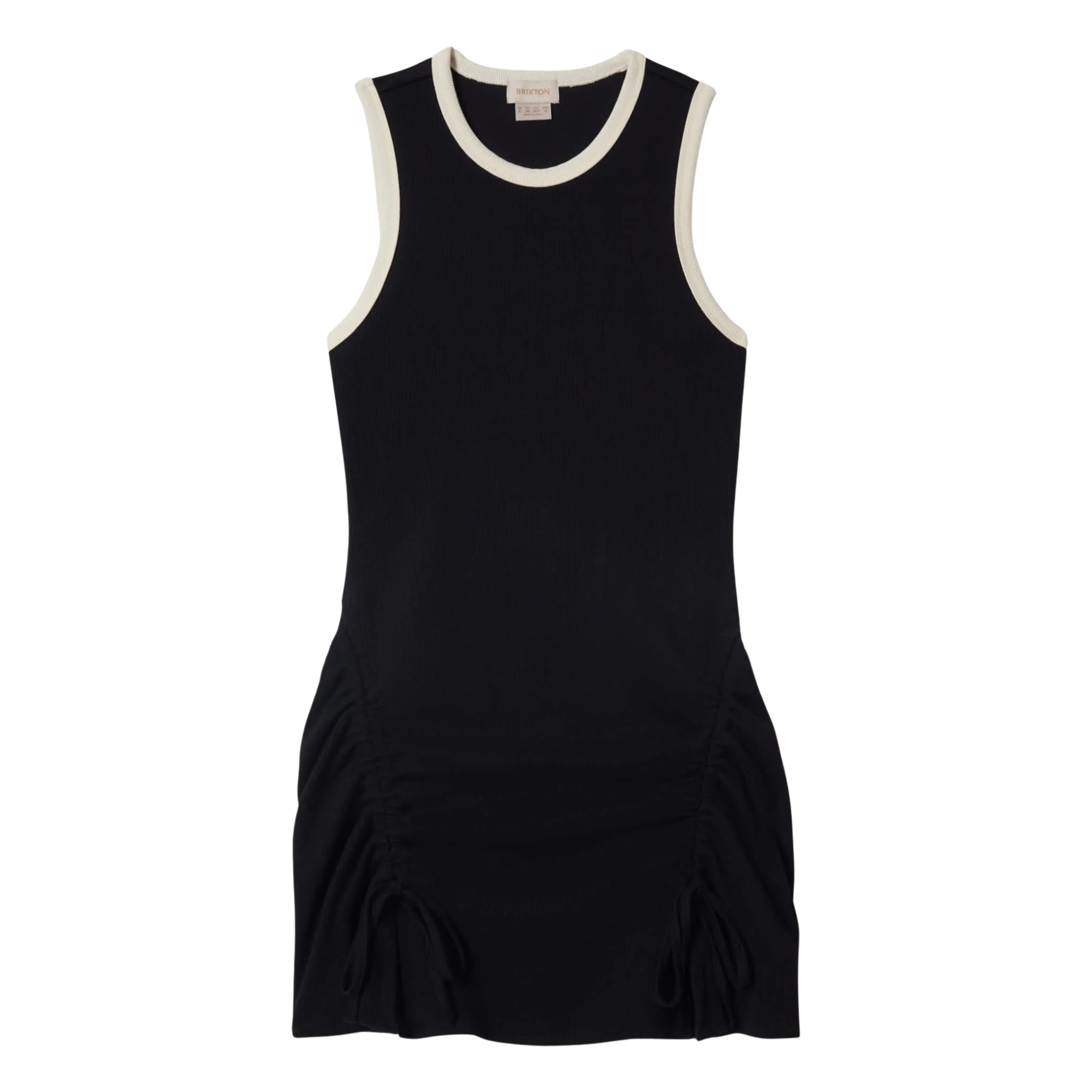Black sleeveless dress with white trim on a white background