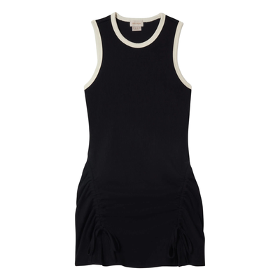 Black sleeveless dress with white trim on a white background
