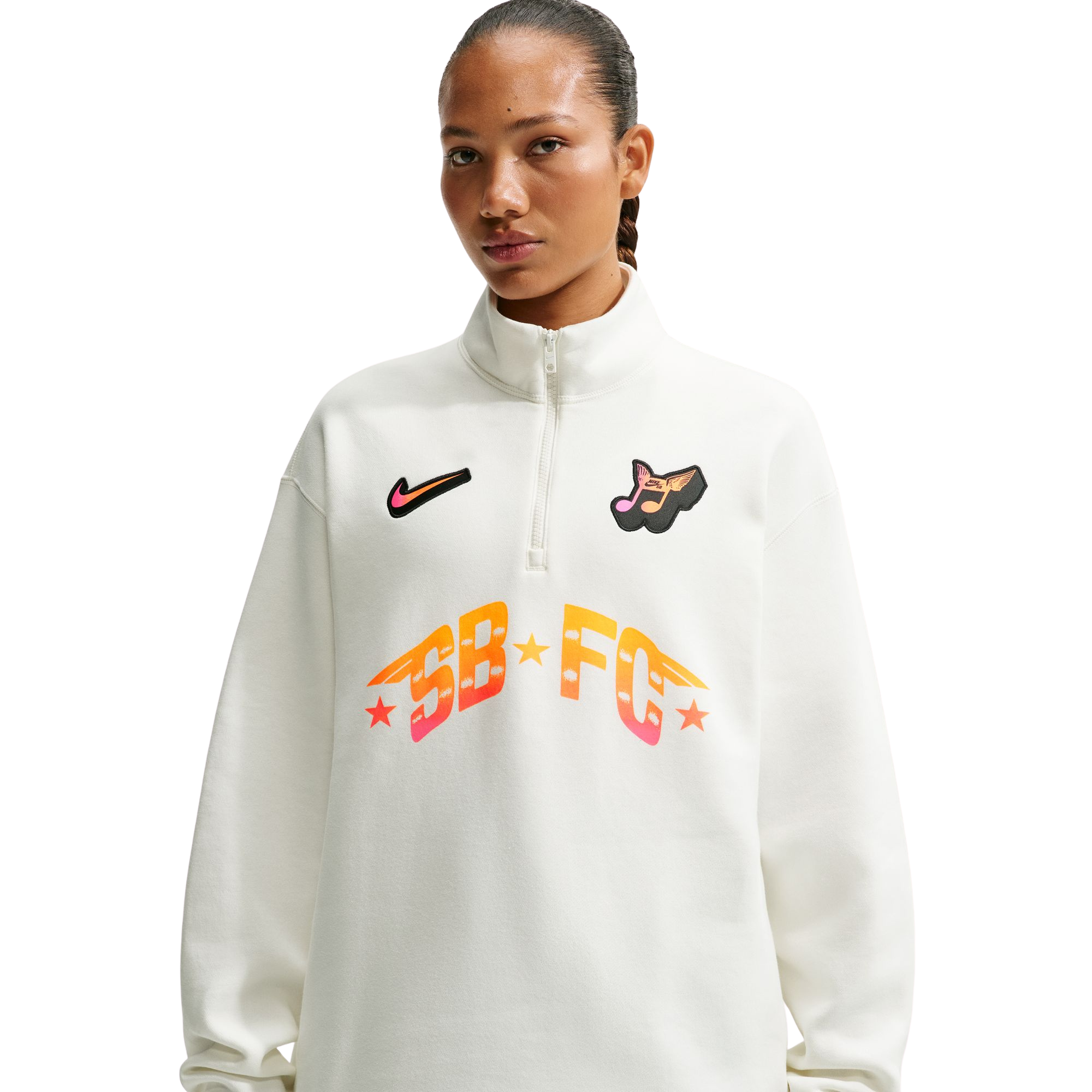 person wearing white half-zip NIKE SB FC PACKsweatshirts with logos and text on a white background