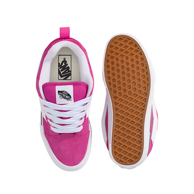 Pink vans knu skool women's sneaker with white laces on a white background