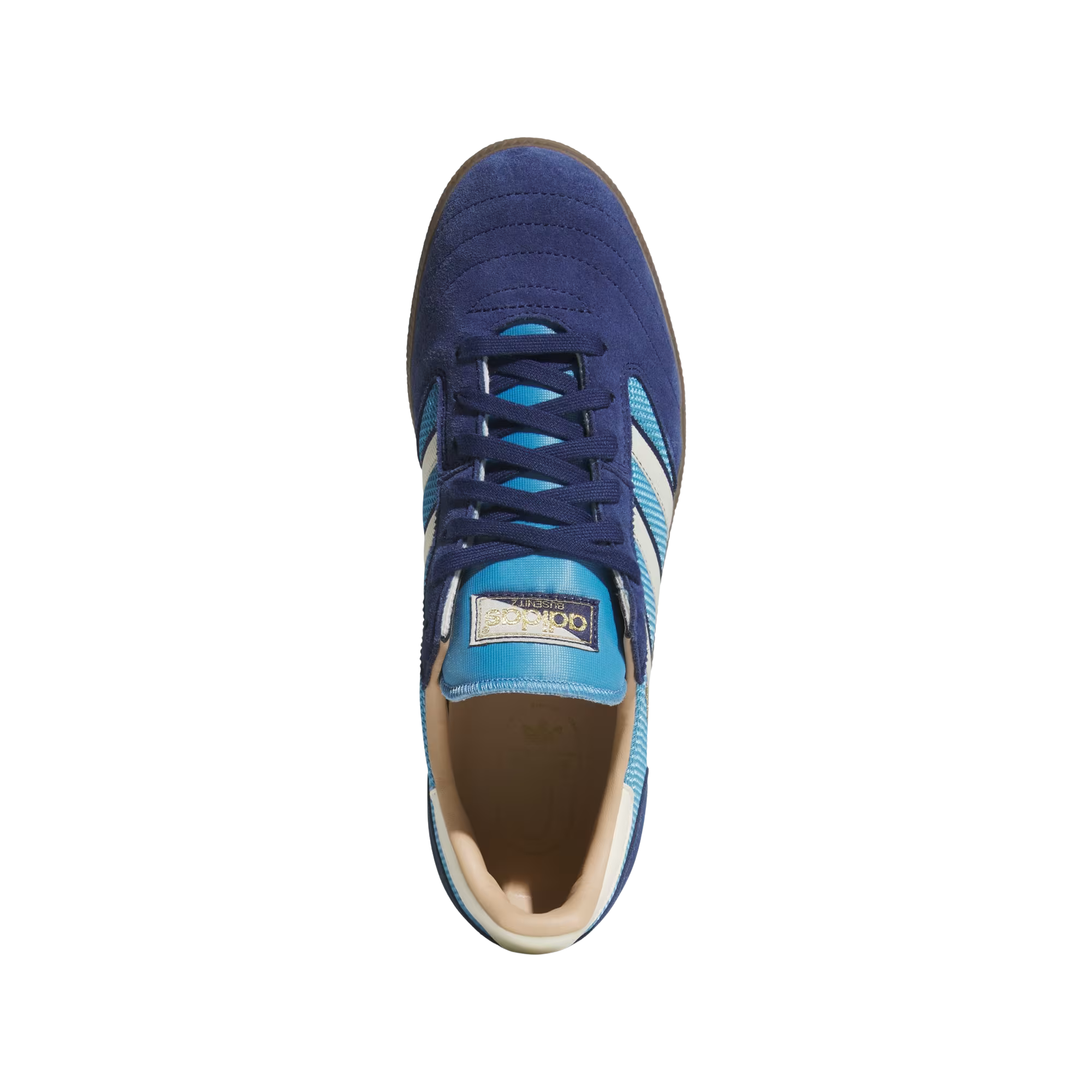 navy and bright blue adidas men's busenitz vintage skateboard shoes with white stripes and a gum sole on a white background