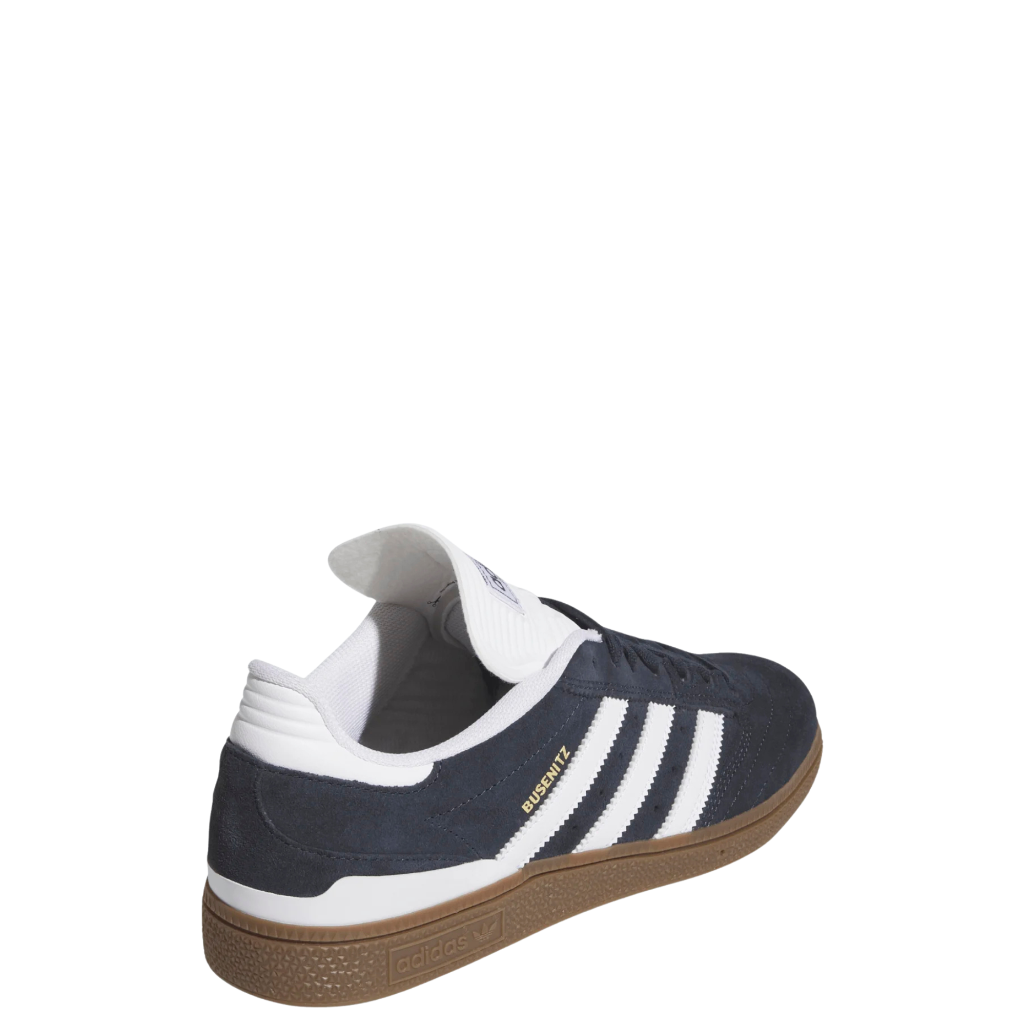 dark grey adidas busenitz skateboarding shoe with white strips and tongue and  gum sole on a white background