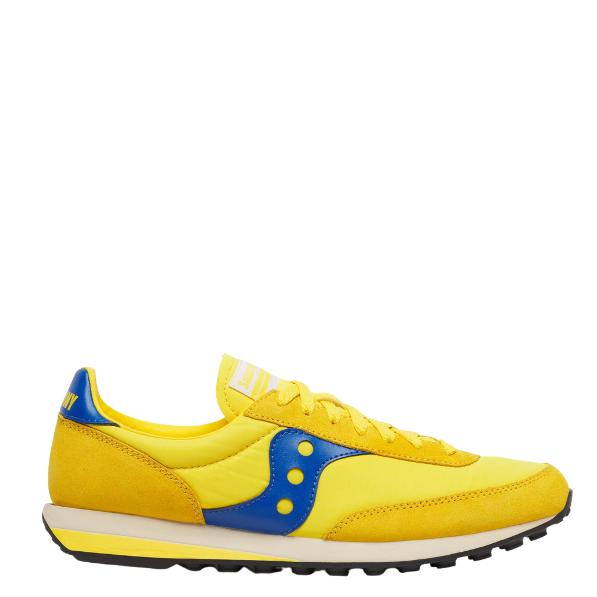 Yellow and blue saucony trainer 80 women's sneaker on a white background