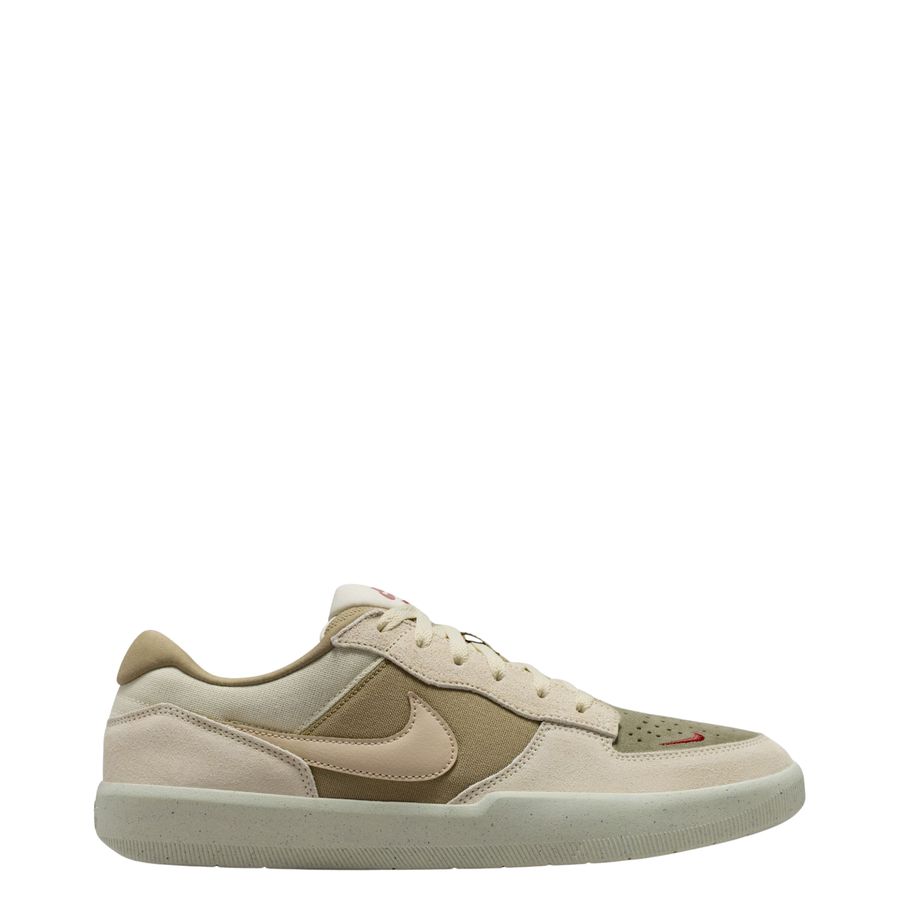Beige nike sb force 58 sneaker with a brown accent on a white background