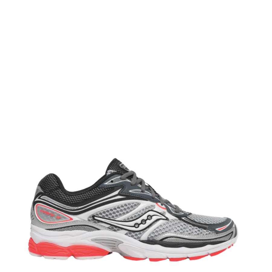A Saucony progrid omni 9 running shoe in gray, black, and white with bright red accents, shown in a side profile on a plain white background.