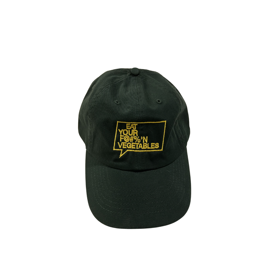 dark green cap with yellow  eat your f'n vegetables text on a white background