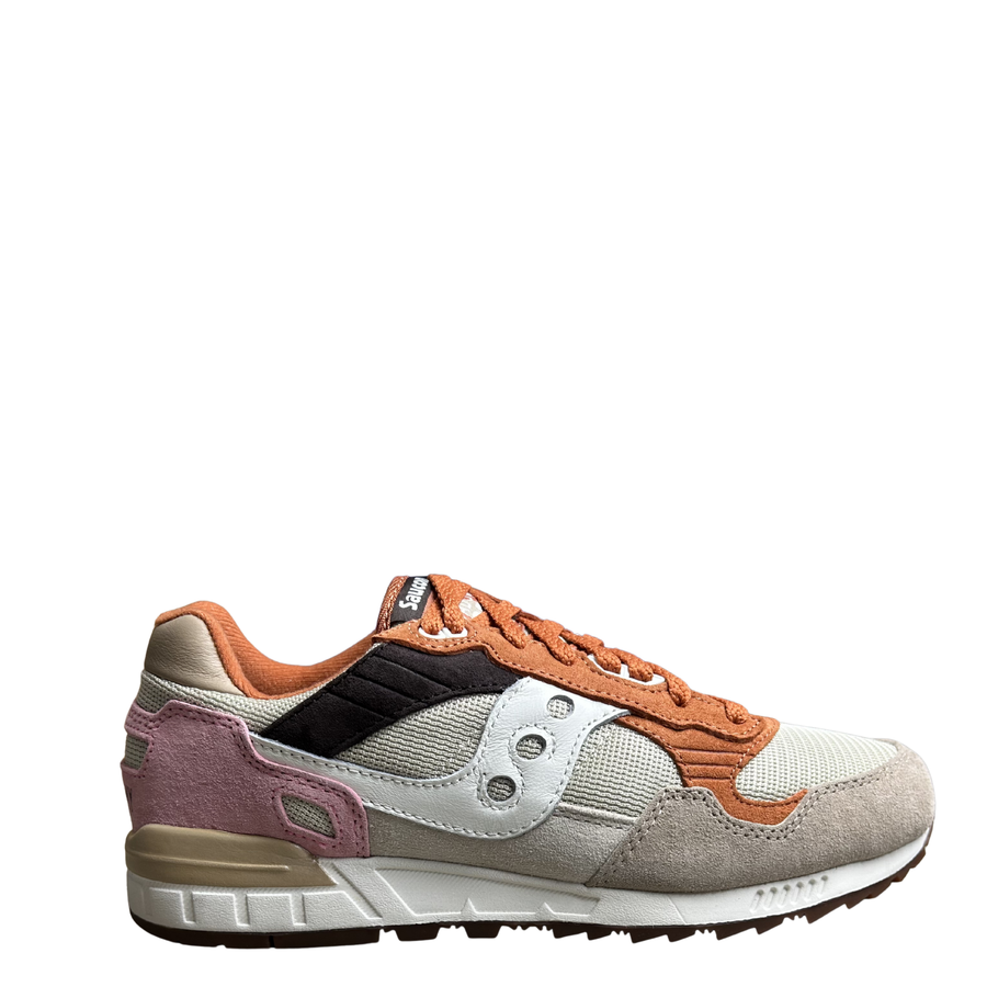 women's Saucony shadow 5000 sneaker with orange, gray, and pink design on a white background