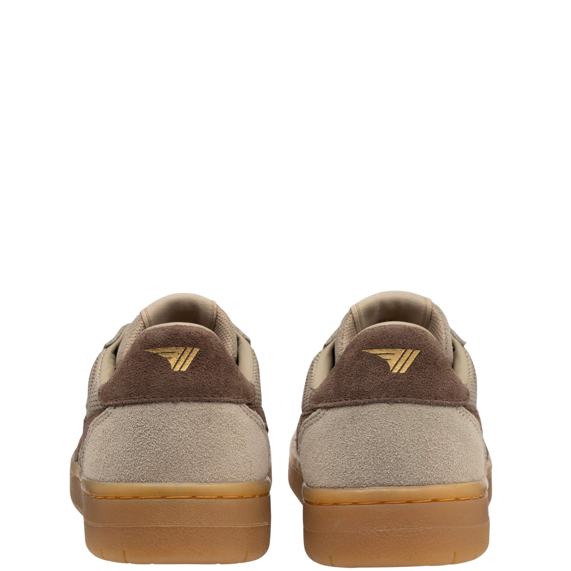 Light tan gola hawk '93 women's sneakers with dark brown stripe, pink laces and gum sole on a white background