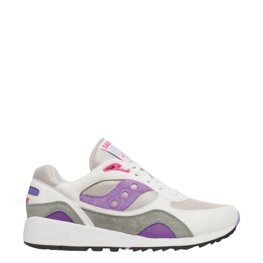 White, gray, and purple saucony shadow 6000 sneakers on a white background