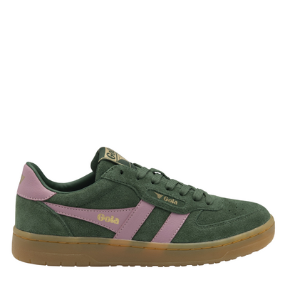 Green gola hawk 86 sneaker with pink accents and gum sole on a white background