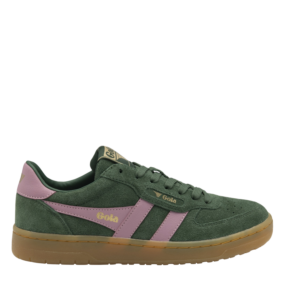 Green gola hawk 86 sneaker with pink accents and gum sole on a white background