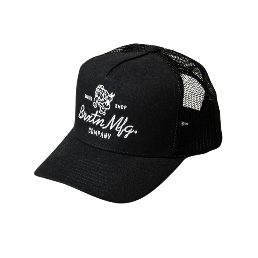 Black brixton trucker cap with white logo and text on a white background