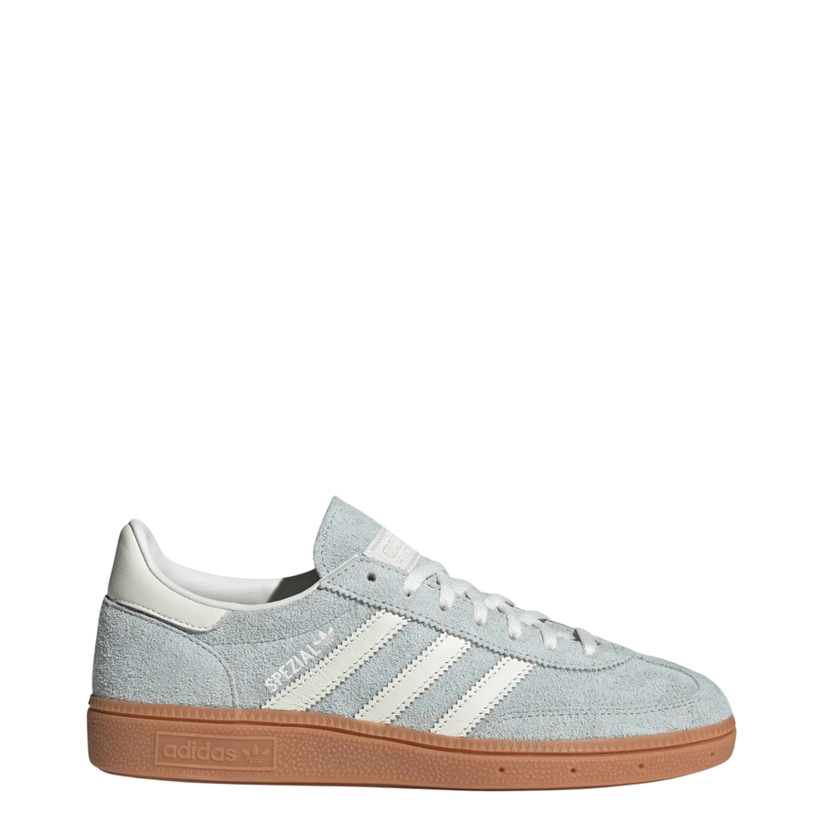 Light blue Adidas handball spezial sneaker with white stripes on a white background