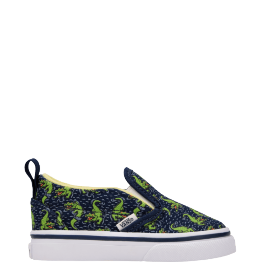 navy vans toddler slip-on with glow-in-the-dark crocodile pattern on a white background