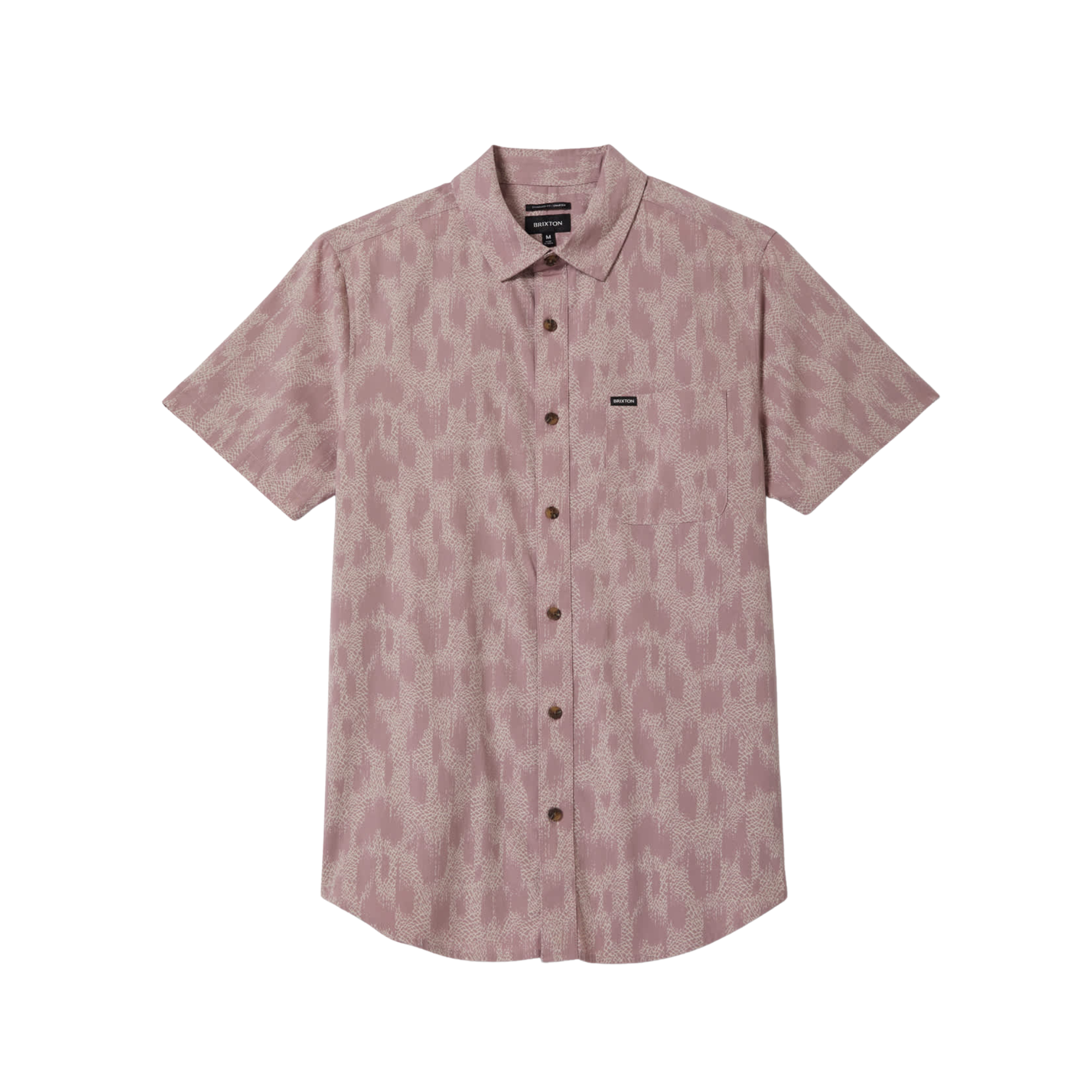 pink brixton charter print patterned short sleeve shirt with brand logo on a white background