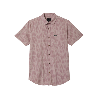 pink brixton charter print patterned short sleeve shirt with brand logo on a white background