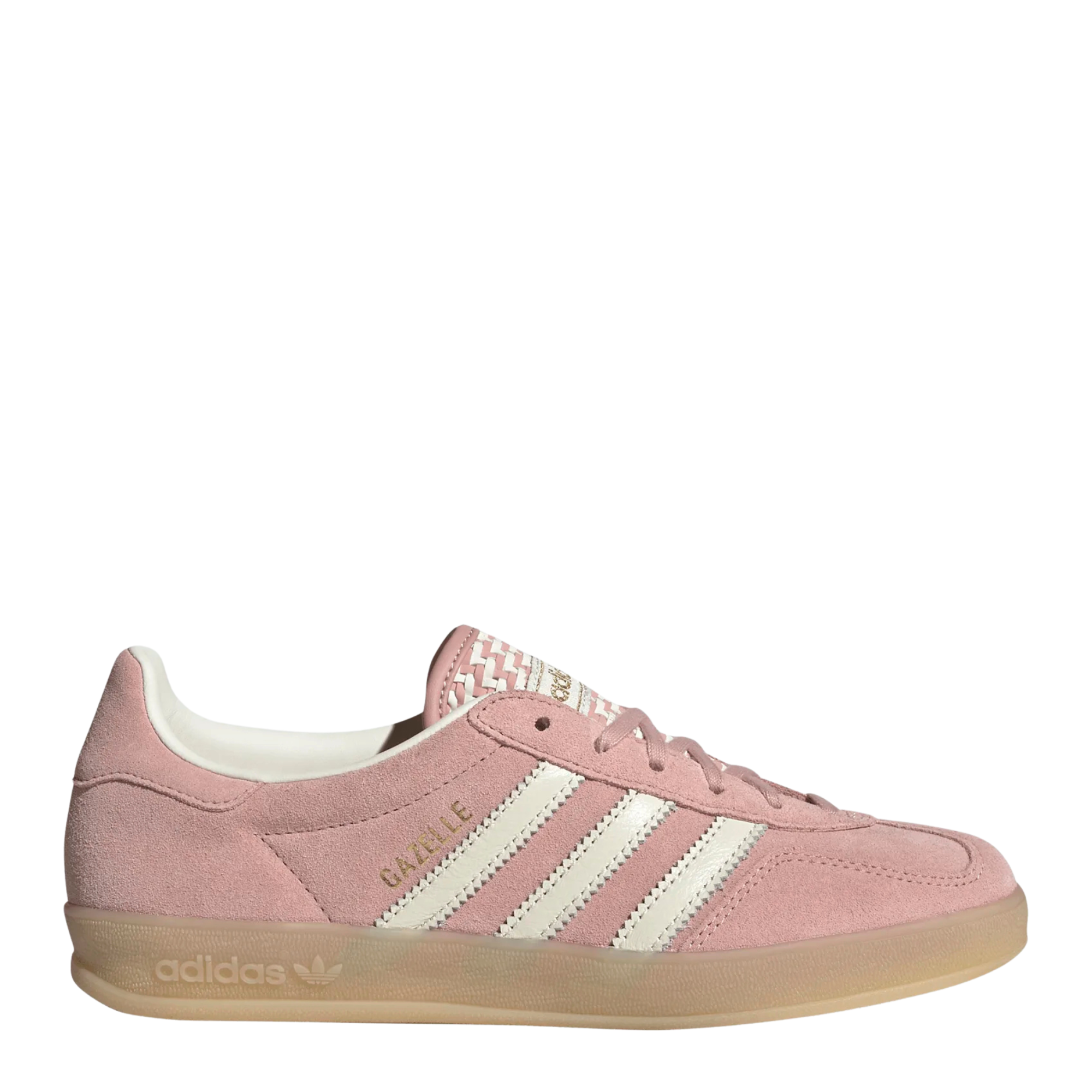 pink adidas women's gazelle indoor shoe with knit tongue and white stripes on a white background
