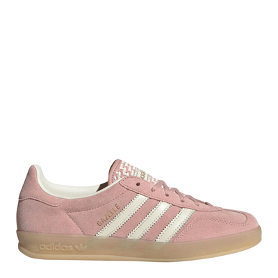 pink adidas women's gazelle indoor shoe with knit tongue and white stripes on a white background