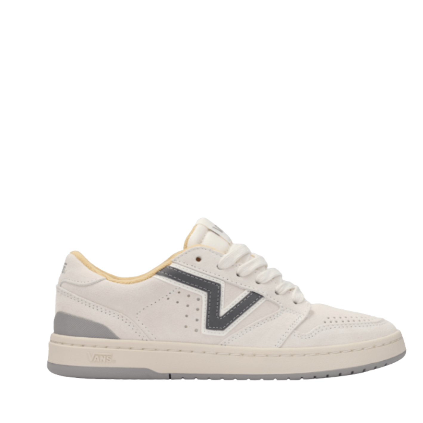 off white vans lowland 2.0 women's sneaker with gray accents on a white background