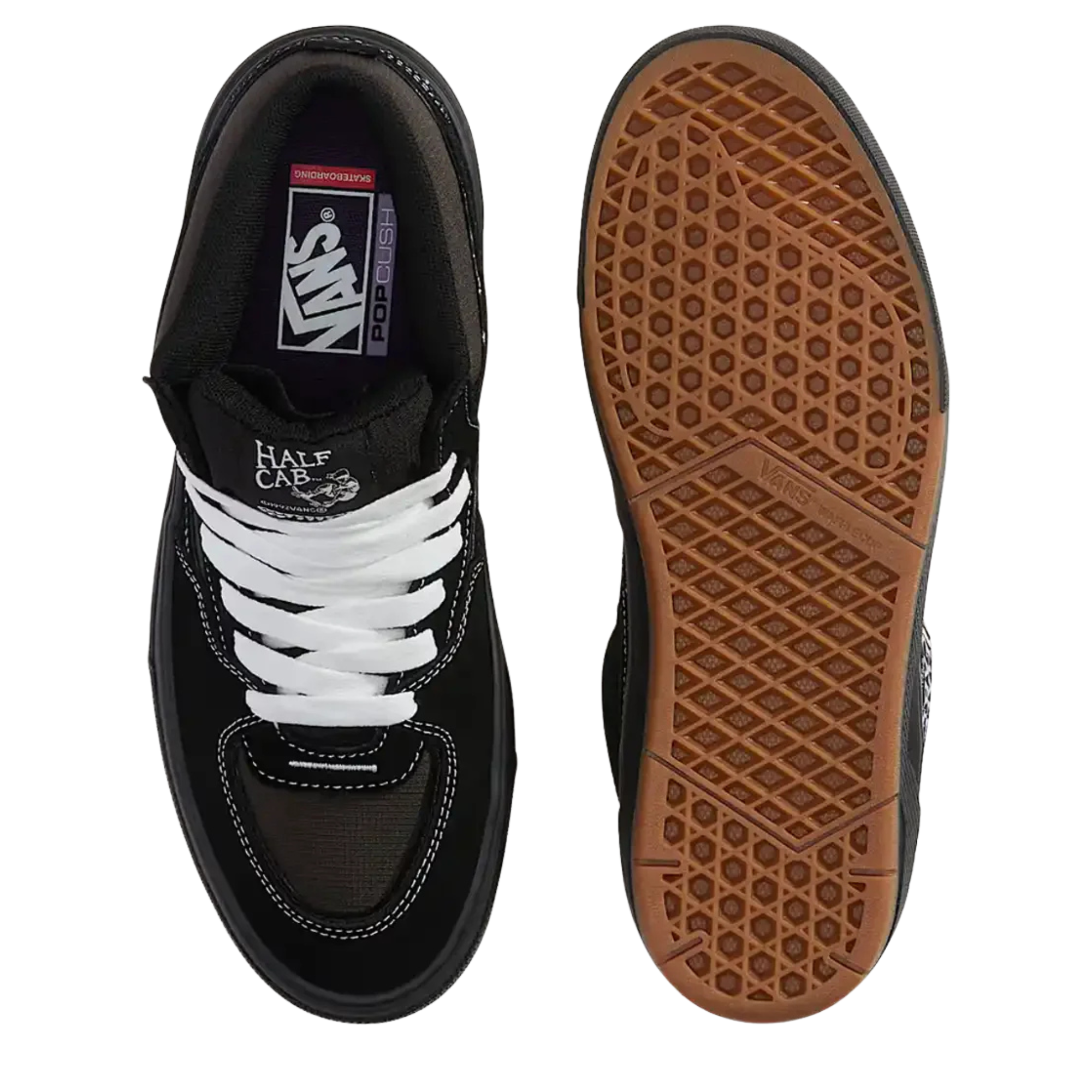 Black  vans united by skateboarding half cab mid-top sneaker with white laces on a white background
