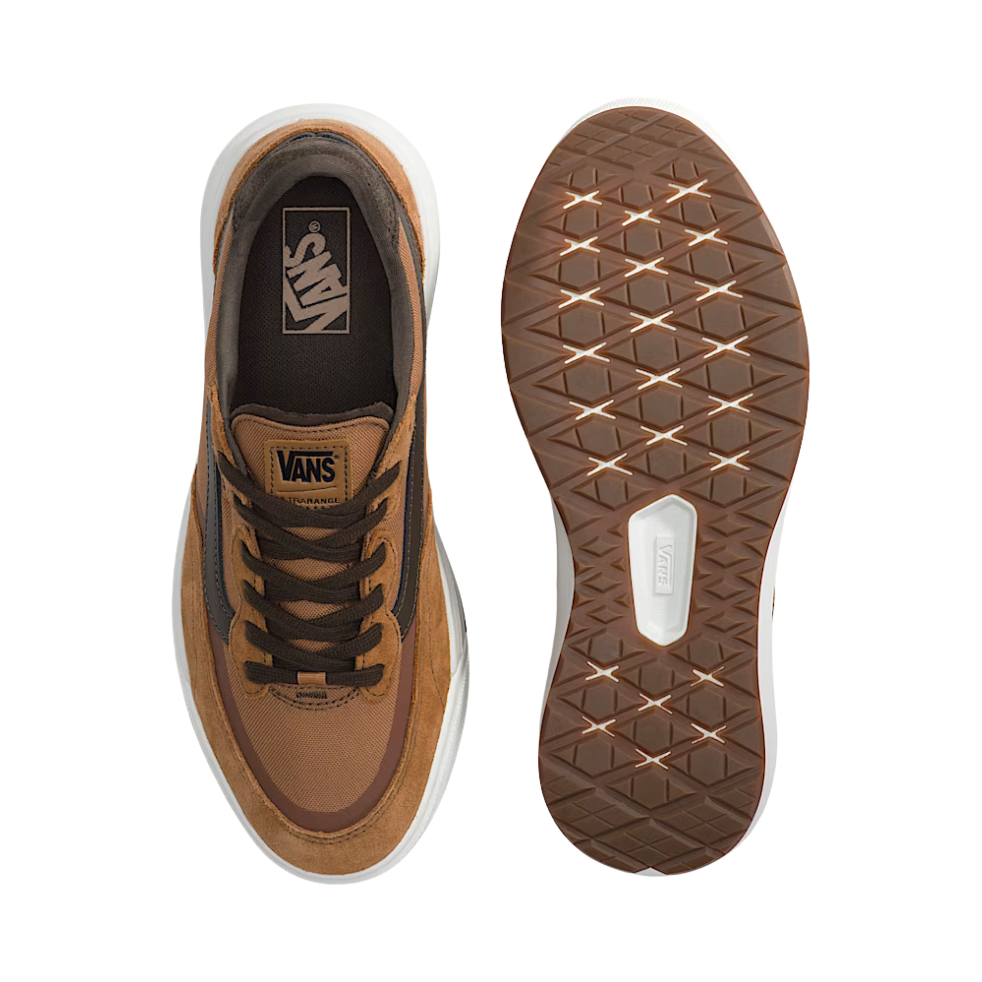 brown vans ultrarange se men's sneaker with white sole on a white background