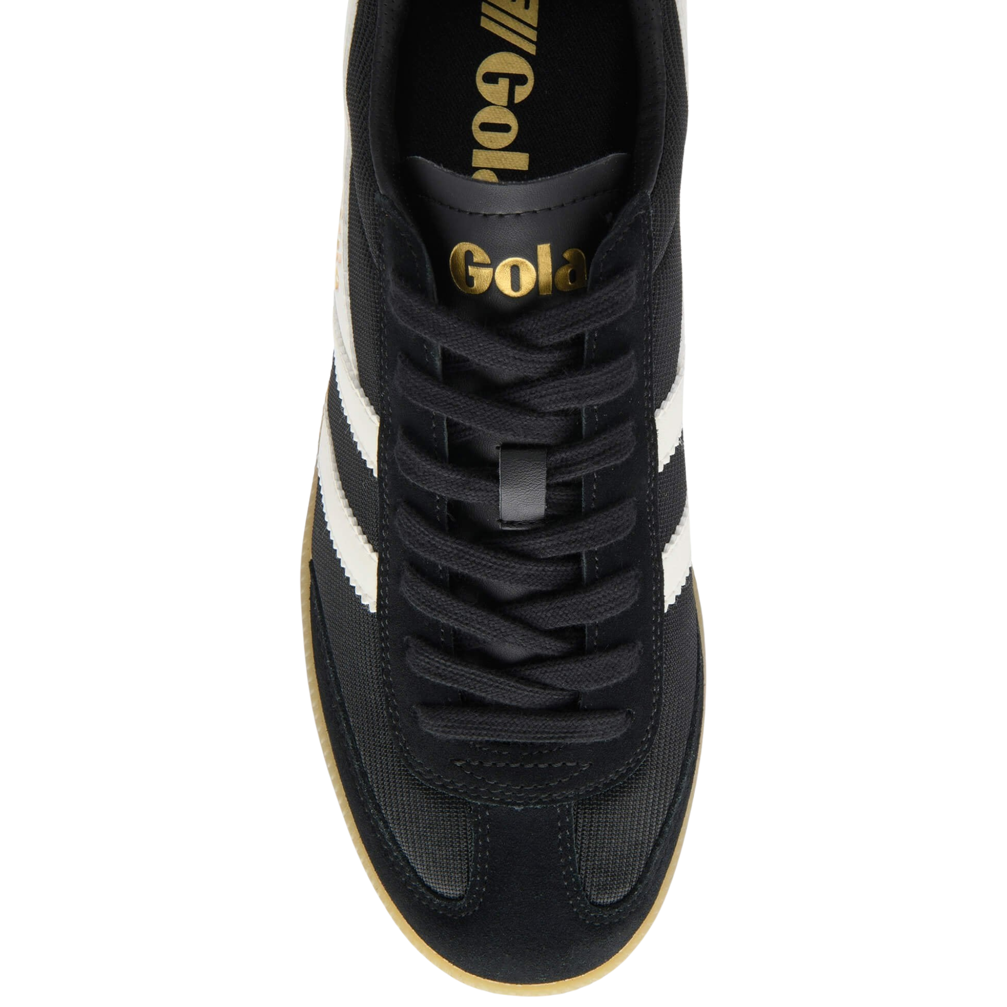 Black gola men's viper mesh sneaker with orange accents and white stripes on a white background