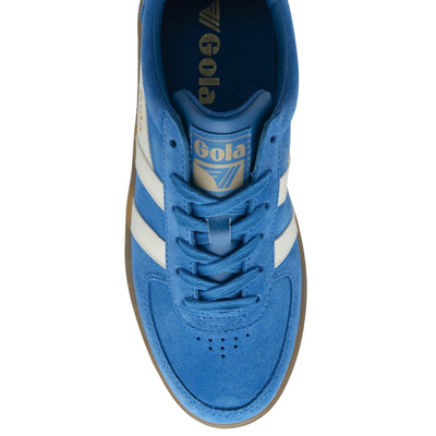 Blue gola grandslam suede sneaker with white stripes and brown sole on a white background