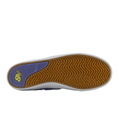 sole of a grey & blue new balance jamie foy 306 skateboard sneaker with white sole on a white background