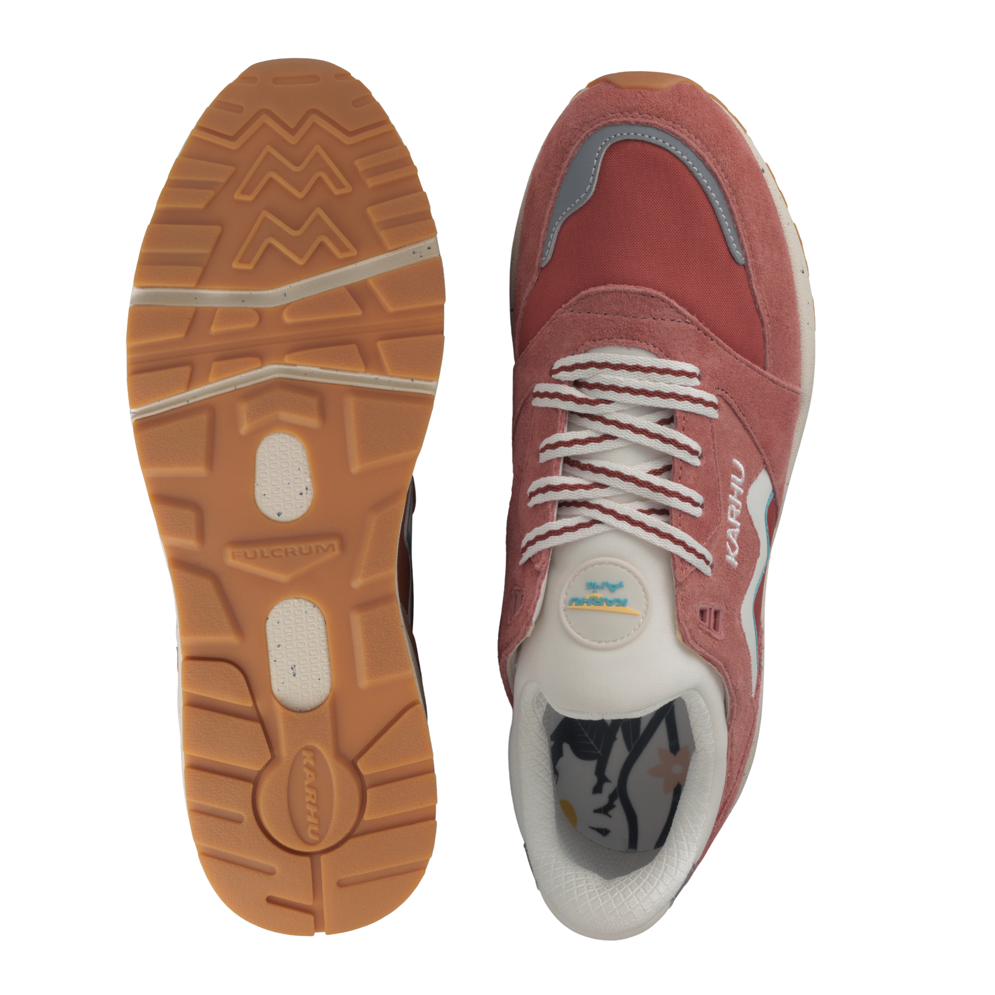 pink karhu aria 95 flower pack women's shoe with white accents on a white background